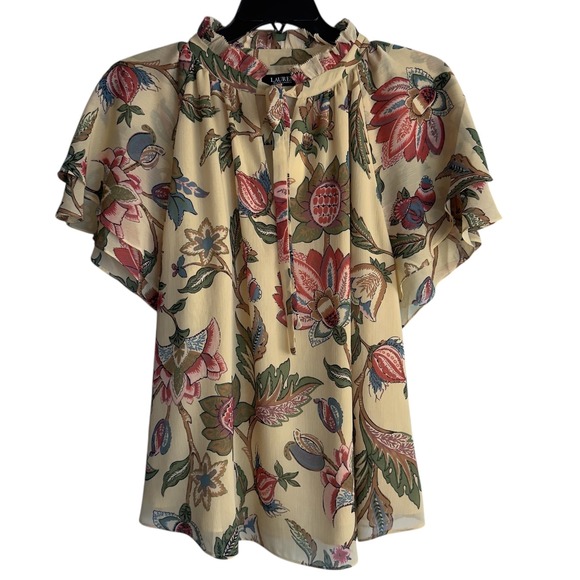 Lauren Ralph Lauren Womens 2X Fall Brown Ruffle Chiffon Blouse Top NWT - Picture 1 of 7